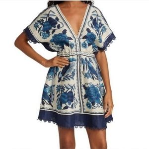 Farm Rio Women's Blue Tropical Tiles Mini Dress